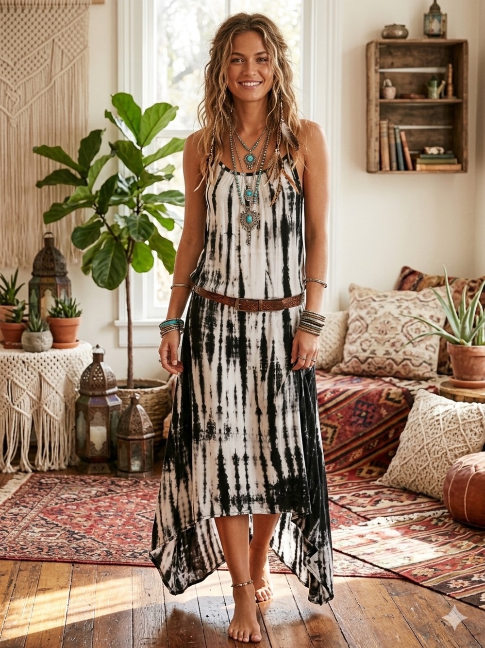 Sultry Touch Black White Tie Dye Maxi Dress Strappy Back Pockets Boho Size M